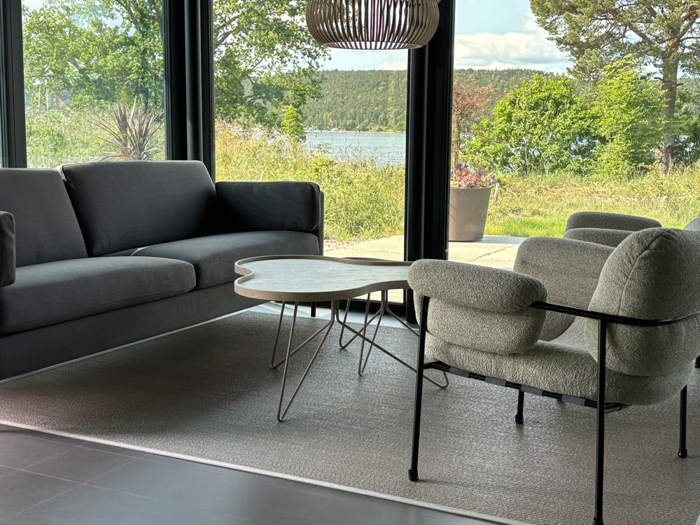 sitting area, big windows, nature right outside.