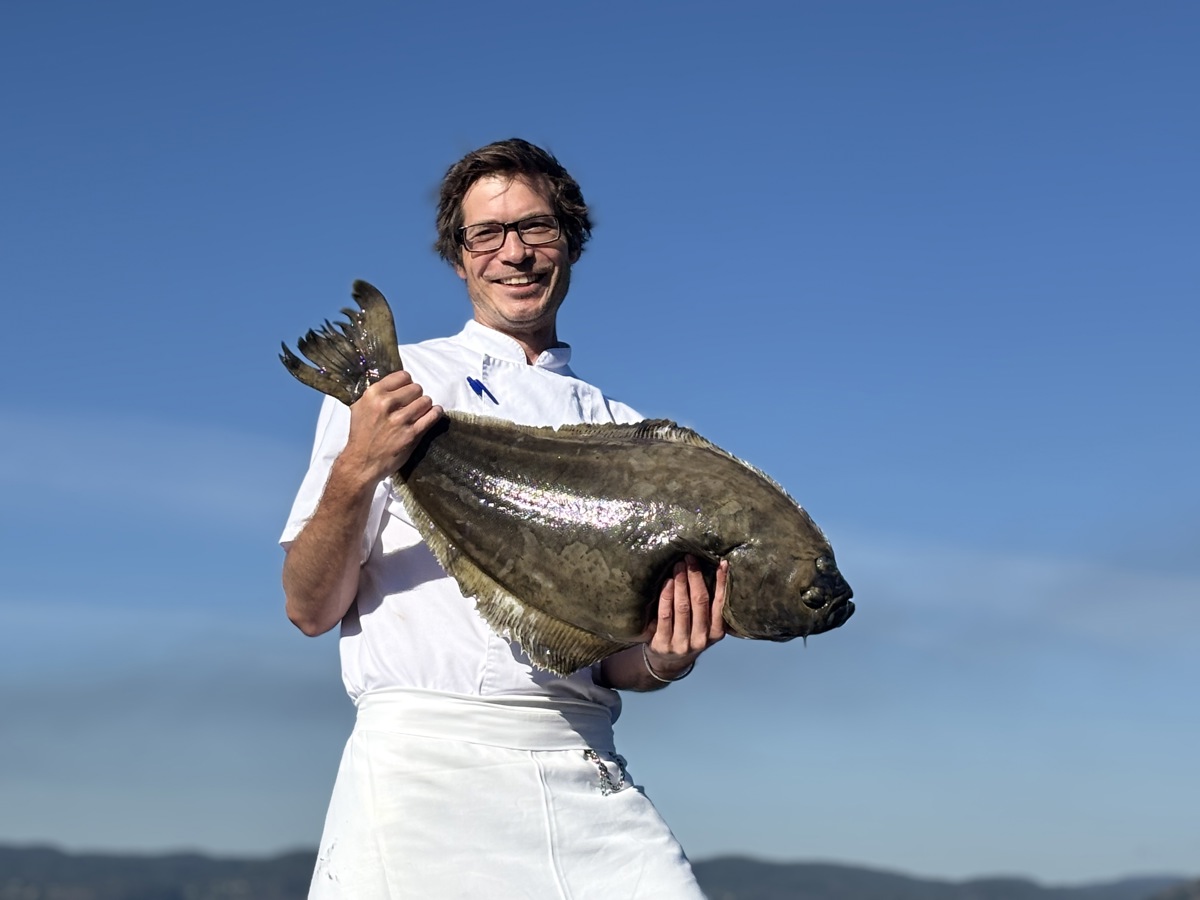 man, posing, wearing white chef clothing, holding a big flat fish
